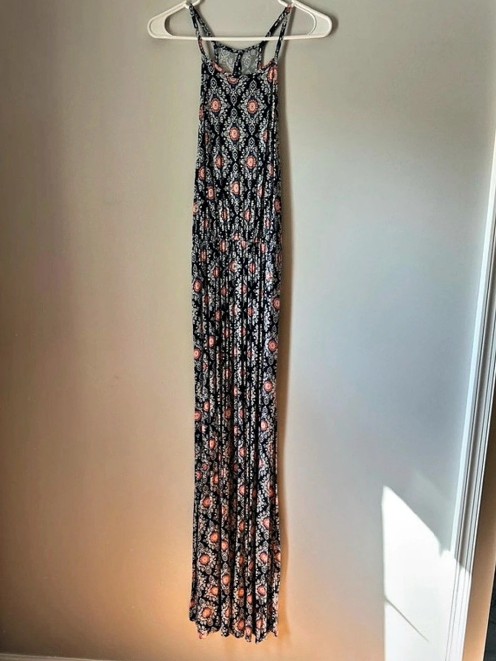 French Grey Navy Blue Medallion Paisley Racerback Maxi Dress